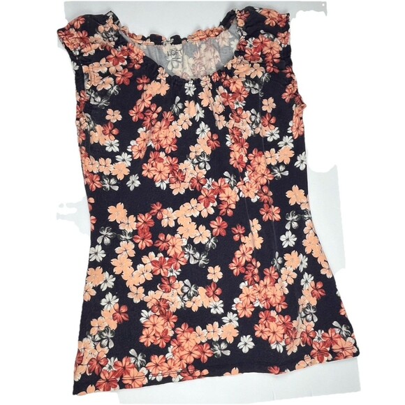 Loft Top LOT 2 Short Sleeve Ruffle T Shirt Floral Navy Blue Peach Tee Large Boho - Picture 2 of 9